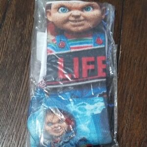 Chucky Themed Socks with Blue and Red Accents